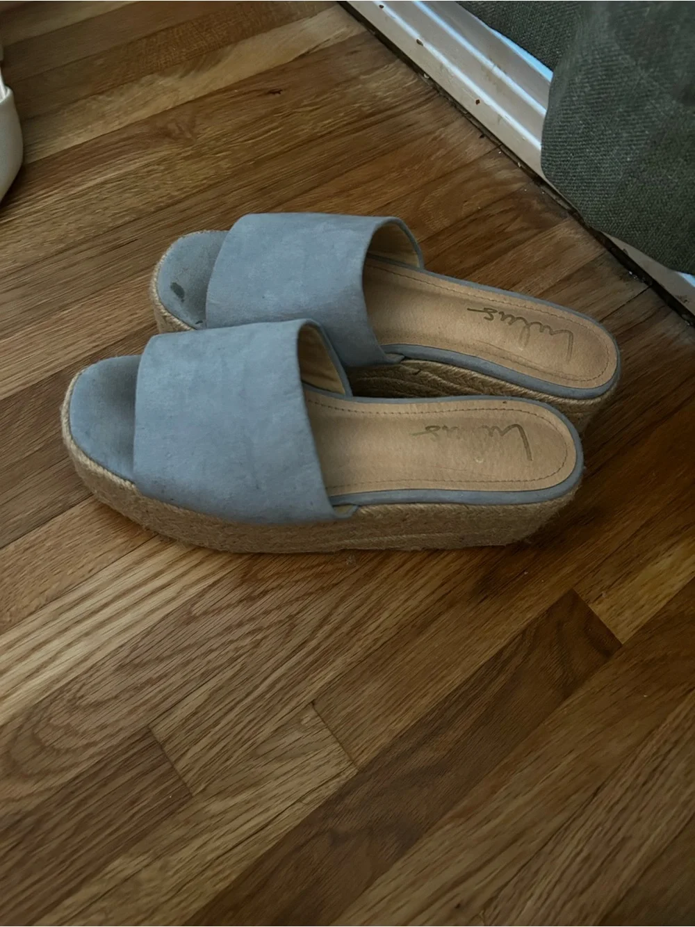 Wedge Slide Sandals — Light Gray Suede